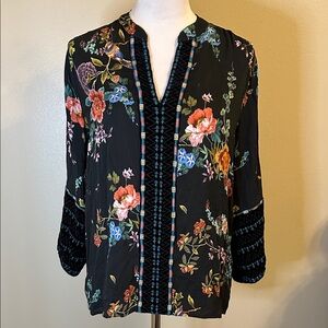 NWOT Johnny Was Workshop Black Floral Blouse with Colorful Details